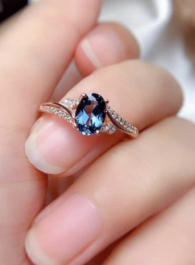 天然蓝托帕石戒指925银玫瑰金水晶宝石指环原石戒面网红流行礼物