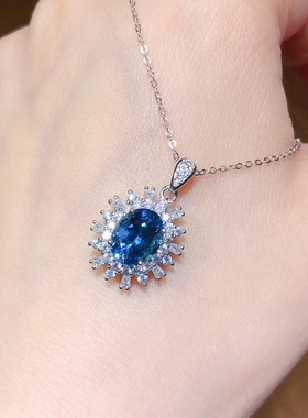 天然蓝托帕石戒指吊坠925银镀白金镶嵌彩宝首饰女款指环扣韩版