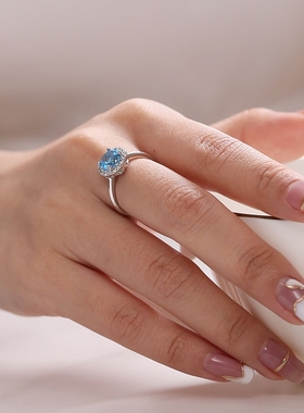 天然瑞士蓝托帕石戒指925银彩宝镀铂金女款指环饰品原石韩版礼物