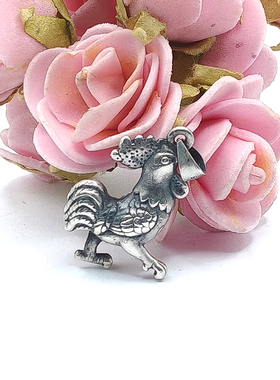 S999纯银3D硬复古泰做旧足银招财生肖鸡吊坠红黑绳男女款项链配件