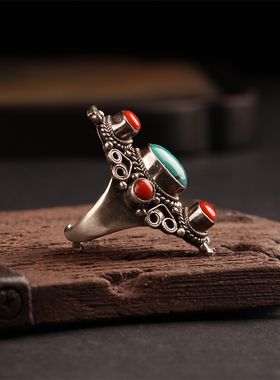 传统手工 尼泊尔西藏饰品纯银绿松石夸张食指戒指复古民族风男女