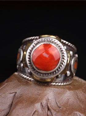 尼泊尔纯银复古镶嵌夸张戒指