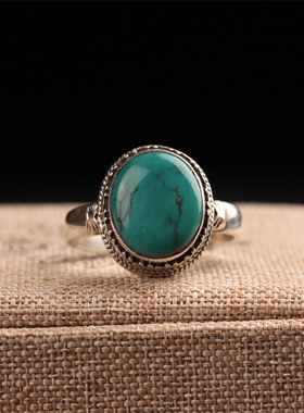 尼泊尔手工雕花复古西藏民族风绿松石开口创意小众食指戒指女