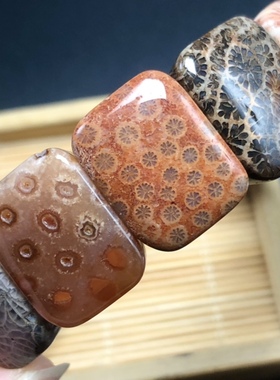 油画风格天然珊瑚玉手牌手排个性独特手链款黑棕色枫叶纹彩色虫纹