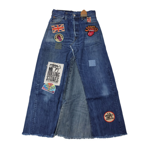 清仓现货 MADEWORN rolling stone 刺绣贴布做旧大A字牛仔长裙女 - 图3