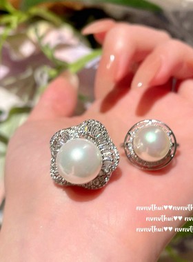 人鱼泪 花瓣宝石澳白珍珠戒指大溪地深海贝珠缠绕锆石耳环