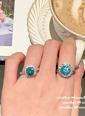 璀璨发光孔雀绿宝石戒指 镀18K金花朵祖母绿锆石满钻戒羽毛耳坠