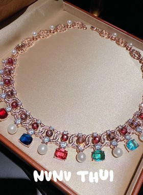 琉璃花球珍珠彩宝坠项链 高定珠宝晚宴 露珠礼服耳环套装