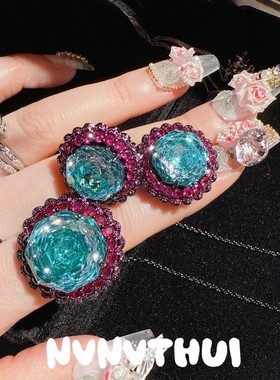 珠宝 孔雀绿12克拉宝石玫瑰切太阳花项链 晚宴高定花朵大宝石耳环