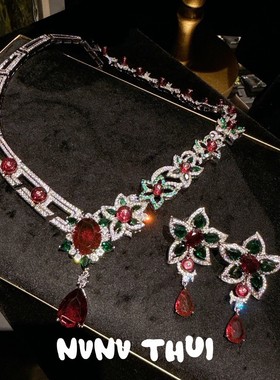 NVNV ACC 宫廷鸢尾花红宝石水滴项链 高定晚宴珠宝 花朵耳环套装