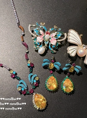 落日熔金 暮光黄水滴宝石蝴蝶项链 新中式 滴釉珐琅蝴蝶胸针 组合