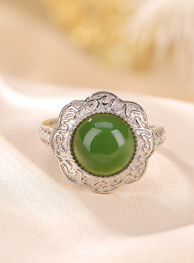 山予棠S925纯银和田玉碧玉时尚如意镂空花纹圆形戒指简约花朵指环