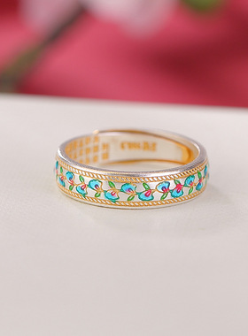 山予棠S999.9足银古法描金珐琅银杏叶心经莲花复古国潮可调节戒指