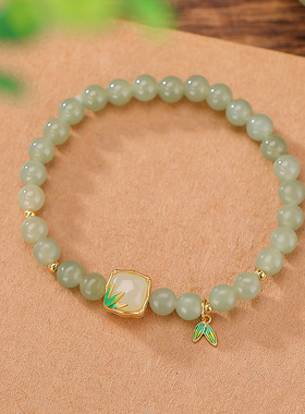 山予棠S925纯银镀金和田玉青玉竹节竹叶方形圆珠新中式银手串手链