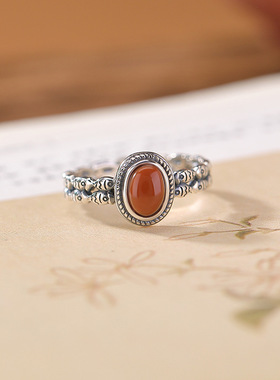 山予棠S925纯银南红玛瑙戒指复古做旧鲤鱼小鱼蛋面椭圆形开口指环