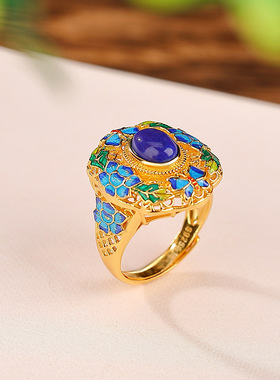 山予棠S925纯银镀金南红青金石国潮珐琅蝴蝶莲花镂空蛋面戒指指环