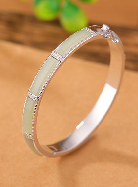 山予棠S925纯银和田玉复古平安无事牌手镯气质简约百搭贵妃镯手环