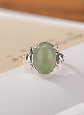 山予棠和田玉S925纯银晴水玉吉象蛋面椭圆个性潮流设计感戒指