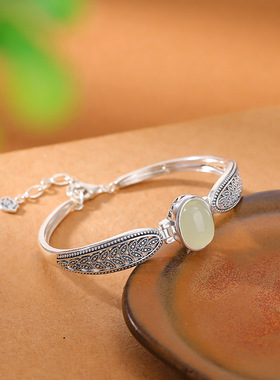 山予棠S925纯银蜜蜡和田玉晴水玉复古做旧麦穗蛋面手链镂空银手饰