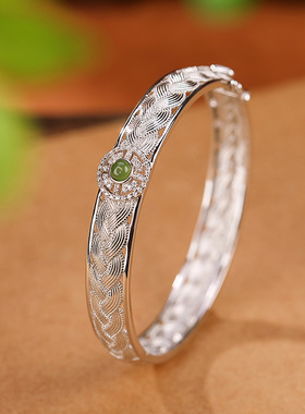 山予棠S925纯银镀金和田玉碧玉简约轻奢吉祥编织手镯气质百搭手环