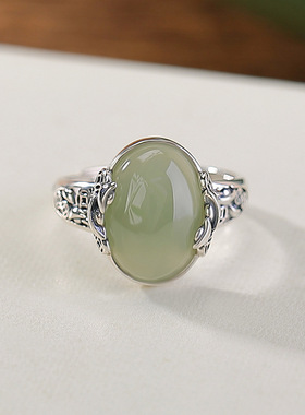 山予棠天然和田玉S925纯银晴水玉元宝铜钱蛋面可调节中式戒指批发