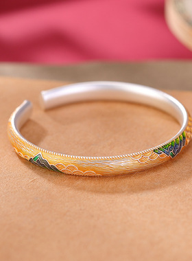 山予棠S999.9足银千里江山描金中式简约大气设计感气质时尚银手镯