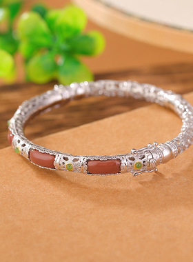 山予棠S925纯银镀金和田玉碧玉南红复古唐草纹镂空无事牌手镯手环