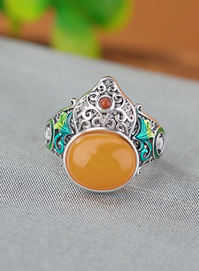 山予棠S925纯银蜜蜡复古国潮珐琅吉祥唐草纹镂空喜字葫芦戒指指环