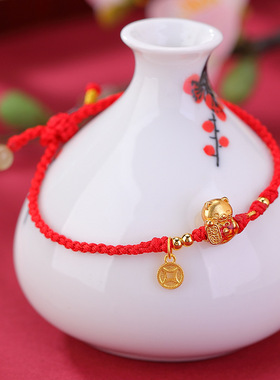 山予棠S925纯银镀金和田玉复古钱币招财猫红绳手链民族风气质红绳