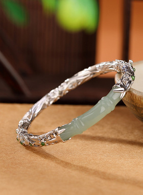 山予棠S925纯银镀金和田玉复古祥云如意竹叶镂空手镯精雕竹节银镯