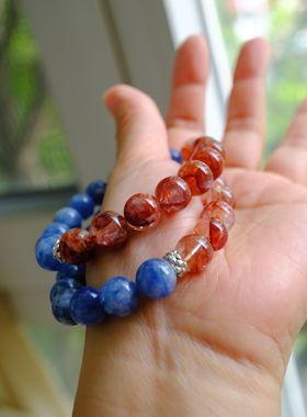 【灵魔之契手串】10mm天然红胶花水晶+10.5mm蓝晶石手串～16手围