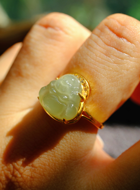 【一物一图】新疆黄口料和田玉弥勒戒指～银镶镀金～活口不限圈口