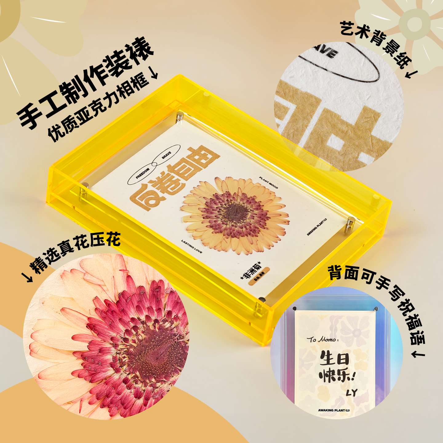 非洲菊压花手作相框装饰画工位桌面治愈摆件生日离职祝福小众礼物 - 图1