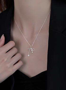 银奥女925纯银蝴蝶结心心项链