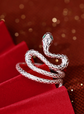 银奥女925纯银绿眸灵蛇戒指