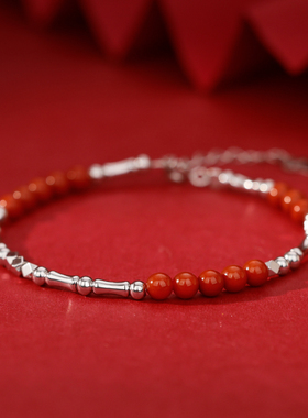 925纯银碎银手链女南红小众轻奢转运珠精致手串本命年红色秋季ins