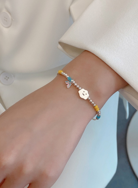 925纯银笑脸手链轻奢精致女ins小众设计甜美云朵彩虹圆珠手饰手串