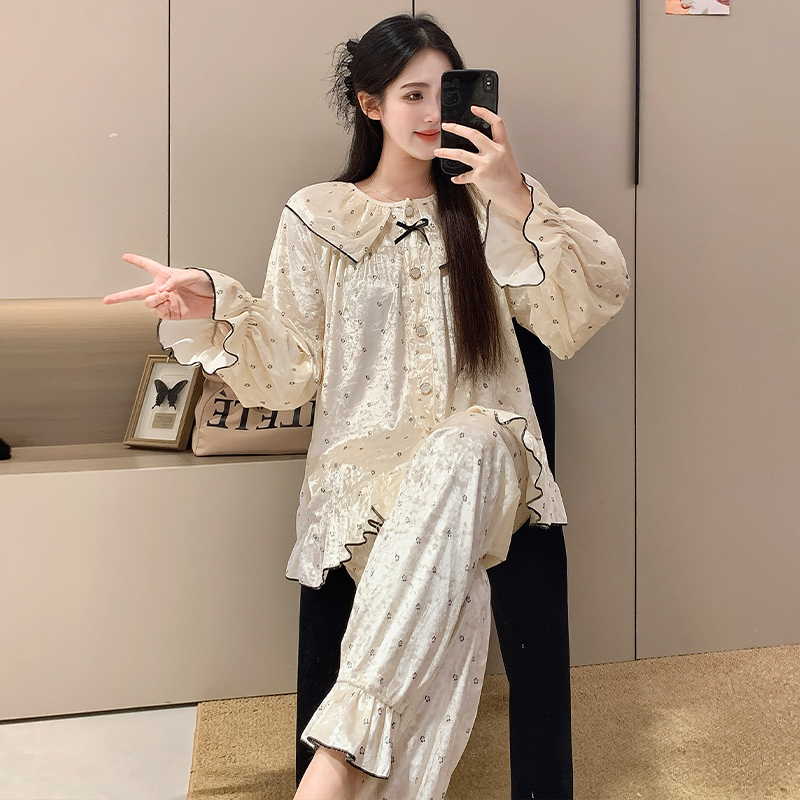 韩版金丝绒睡衣女秋冬季新款长袖长裤公主风居家休闲时尚两件套装 - 图2