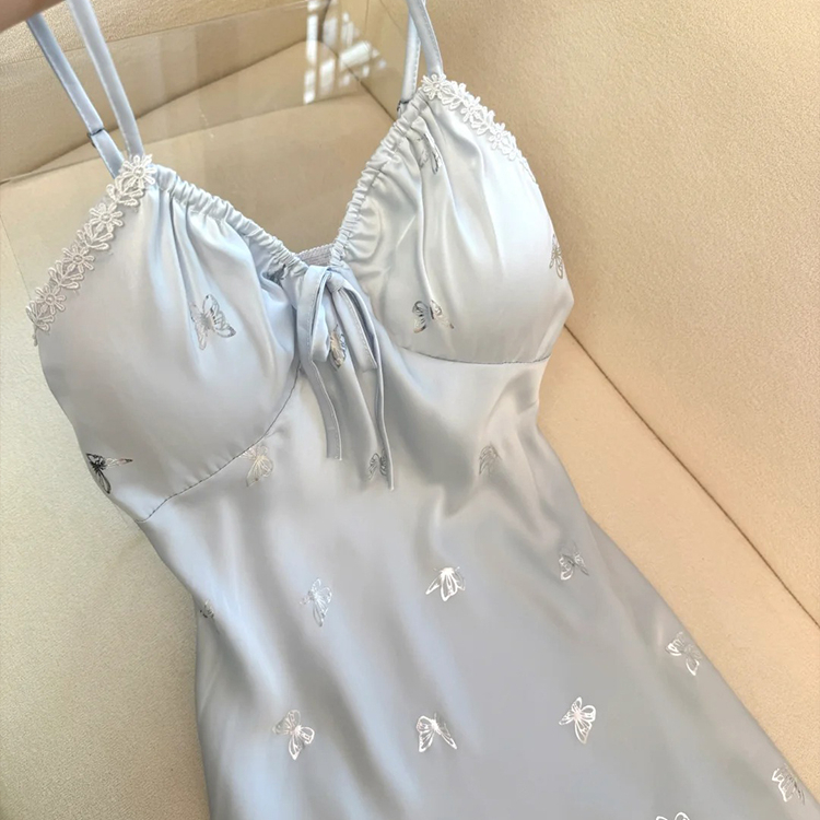 M2025蝴蝶睡衣女带胸垫烫银性感睡裙时尚蕾丝花边家居服吊带裙子 - 图0