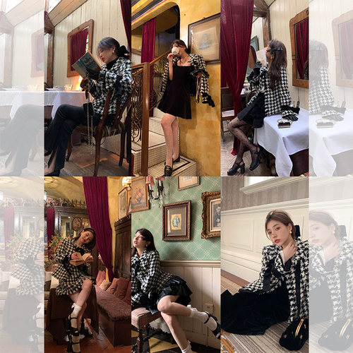 F boutique【断码清仓】奥黛丽羊毛编织千鸟格小香风套装女秋冬 - 图0