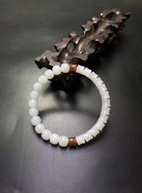 天然新疆和田玉且末料白玉老型珠双拼手串手链直径7/6MM