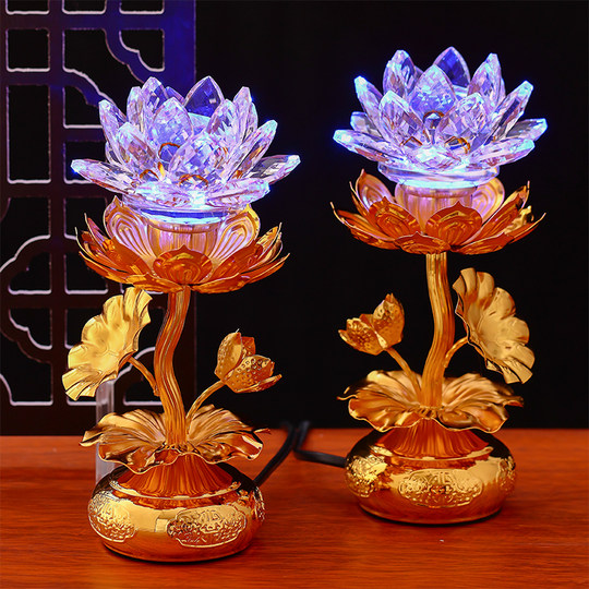 Lámpara de loto, lámpara de Buda, un par de candelabros enchufables, lámpara doméstica para Buda, lámpara LED siempre brillante, lámpara de loto vidriada frente al Buda Guanyin