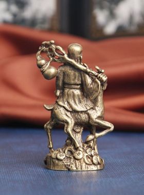 仿古纯黄铜南极仙翁桌面摆件福禄骑鹿寿星佛像纳福摆饰文玩老铜器