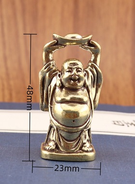 铜臻复古纯黄铜举元宝弥勒佛桌面摆件纳福弥勒献宝创意摆饰老铜器