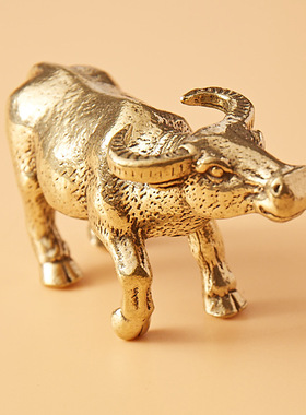 OTHER实心黄铜野牛桌面小摆件复古铜器生肖牛茶宠动物手把件