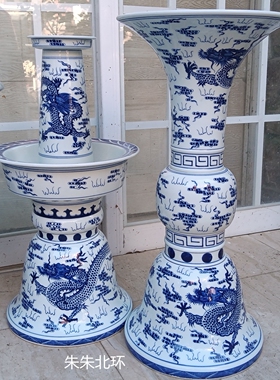 景德镇陶瓷五供仿古手绘青花云龙纹五贡大号带盖香炉烛台花觚55CM