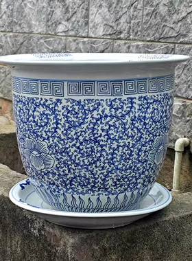 景德镇青花瓷陶瓷花盆圆形大号带托盘中式古典装饰盆栽缠枝莲