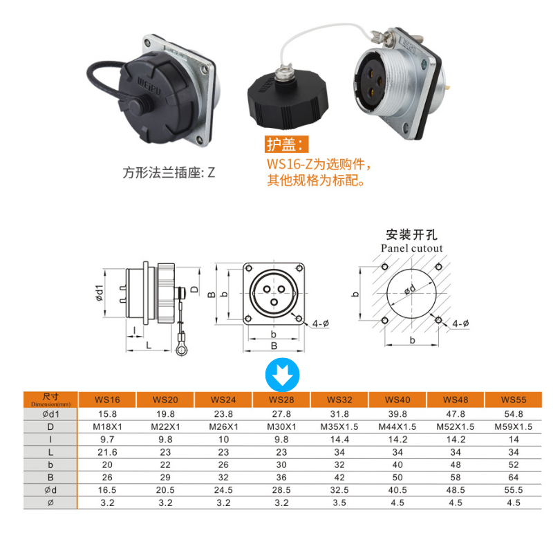 WEIPU威浦WS28K20Z方形法兰插座4 7 8 10 12 16 17 24 20 26 35芯 - 图2