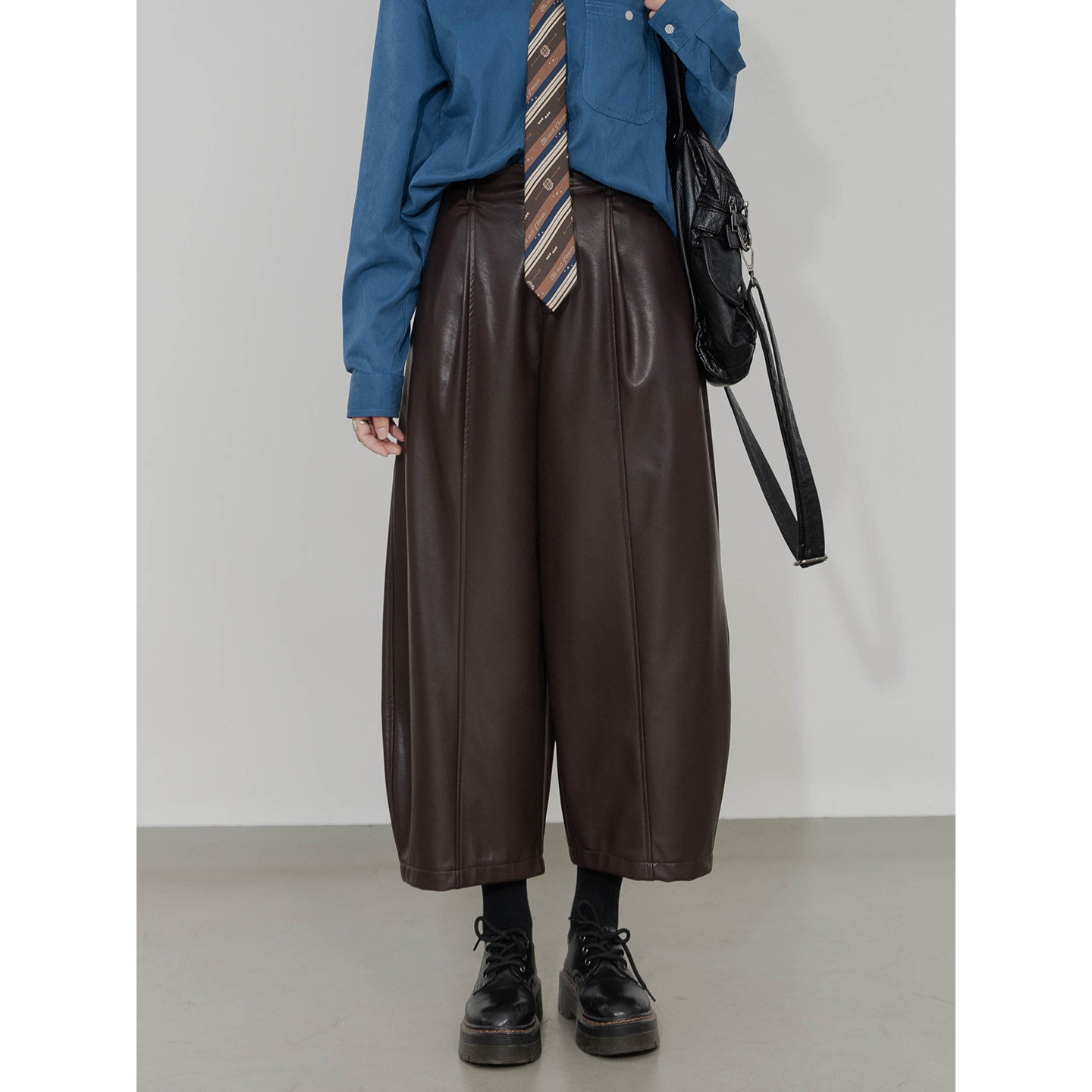 高腰阔腿皮裤女半松紧腰拼接宽松显瘦休闲裤酷感百搭复古九分裤,淘宝优惠券,粉丝福利购,淘宝优惠卷