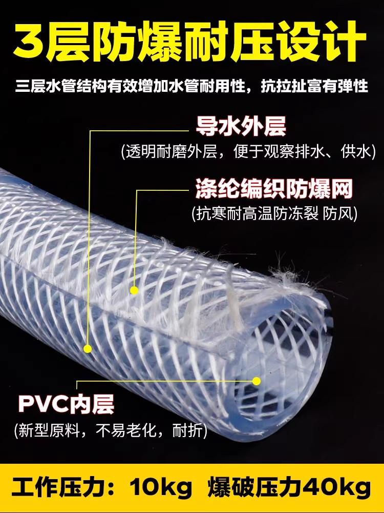 TONYDX加厚PVC多用途软管透明耐压增强网纹涤纶胶管水管油管10*16 - 图0